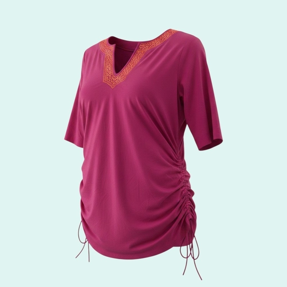 Lands' End Size M Pink Embroidered Tunic Top Boho Casual Ruched